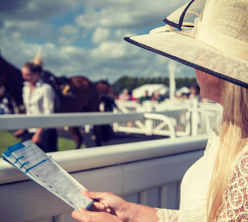 Female racegoer holding a racecard in her hands, watching a horse being walked in the parade ring at Worcester Racecourse.